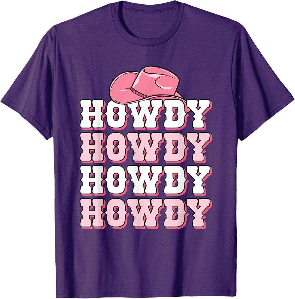 Howdy Pink Cowboy Hat Western Graphic Tee Soft Breathable Casual T-Shirt for Women