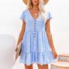 Summer Women's Chiffon Dress Sexy V-neck Floral Mini Beach Dresses Fashion Ruffles Button Loose Femme Sundress Vestido