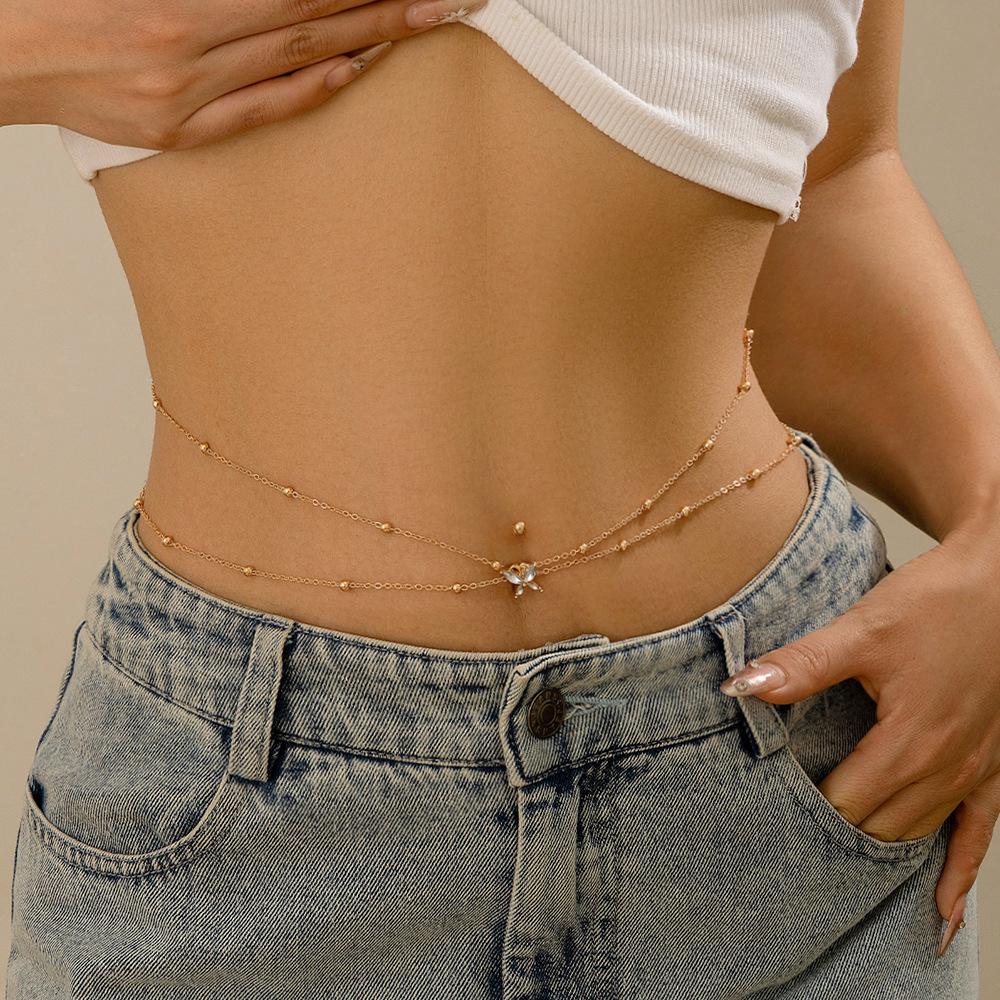Sexy Rhinestone Fringed Pendant Waist Chain Bodychain Simple Round Bead Chain Navel Nail Waist Jewelry