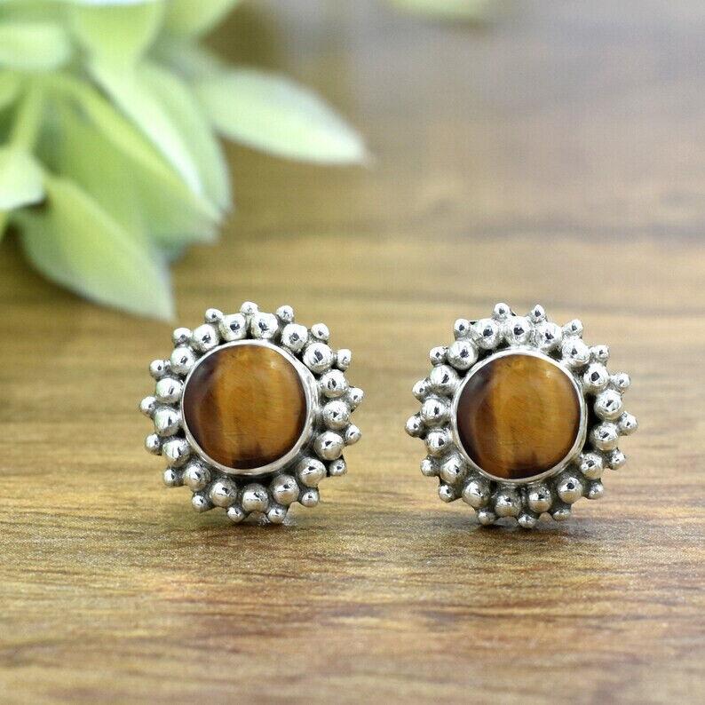 Tiger's Eye Earring Stone Jewelry Sterling Silver Small Stud Minimalist Earring