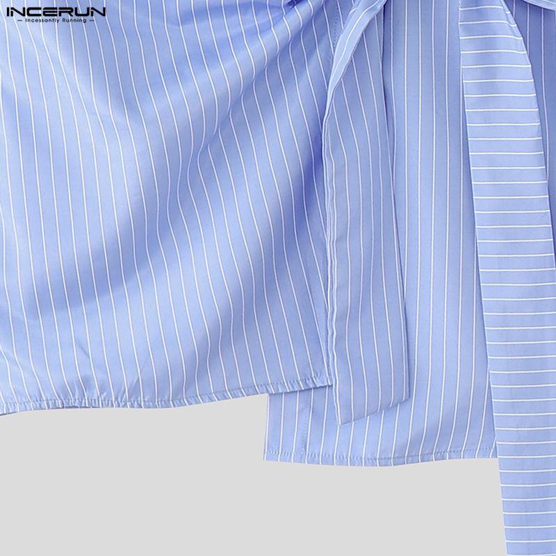 INCERUN Men Spring Turn Down Collar Long Sleeve Side Twisted Striped Print Shirts Tops