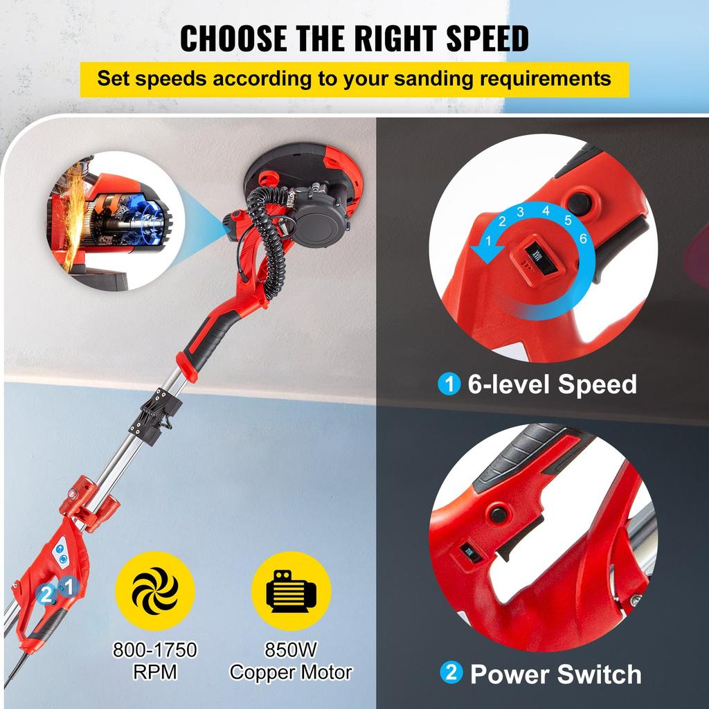 VEVOR Electric Drywall Sander 750W Drywall Sander Foldable Sheetrock Sander with Telescope Handle Electric Sander Variable Speed 800-1750RPM Wall