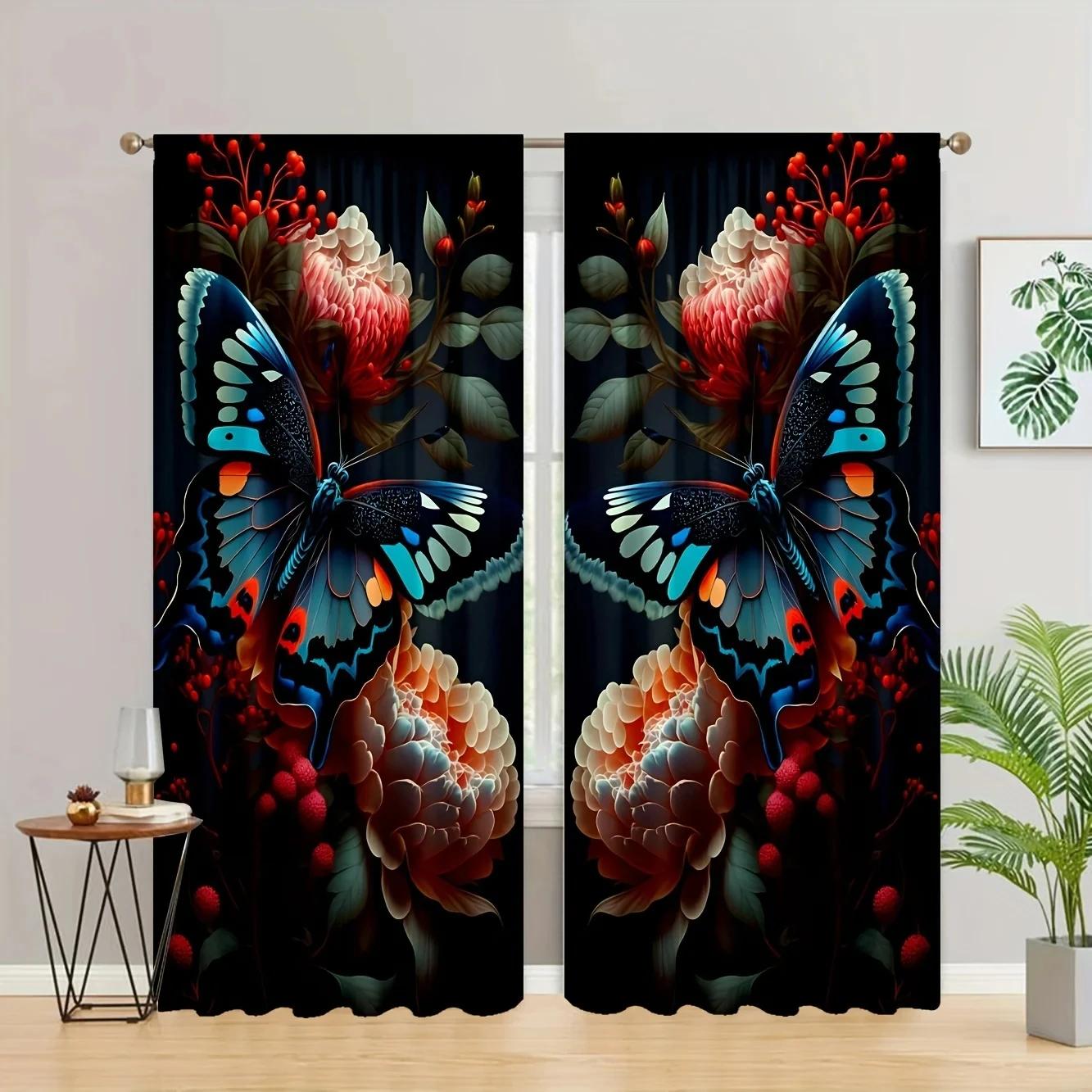 

2 шт. модные романтические бабочки узор занавески, карниз для штор карманные оконные занавески для гостиной спальни декор комнаты W50xH130(CM)x2pcs&Grommet Top