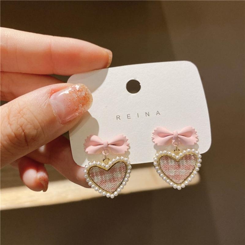 Cute Korean Hanging Love Grid Pearl Heart Earrings for Women Girls Fashion 2024 Bowknot Earrings Trend Party Jewelry