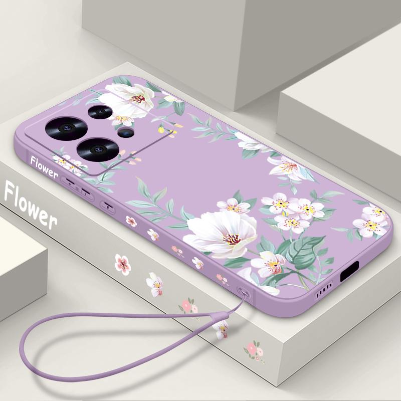 Coque fine mate à imprimé floral uni pour Xiaomi 13T Pro, Poco F6, X6, X5, Redmi Note 14 Pro, 13, 12, 11, avec cordon, en TPU souple et antichoc