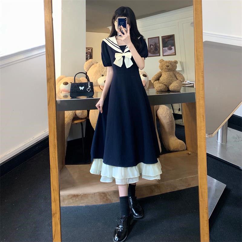 ZZ Übergröße Damen Marineblau Kragen Französischer Stil Sommerkleid