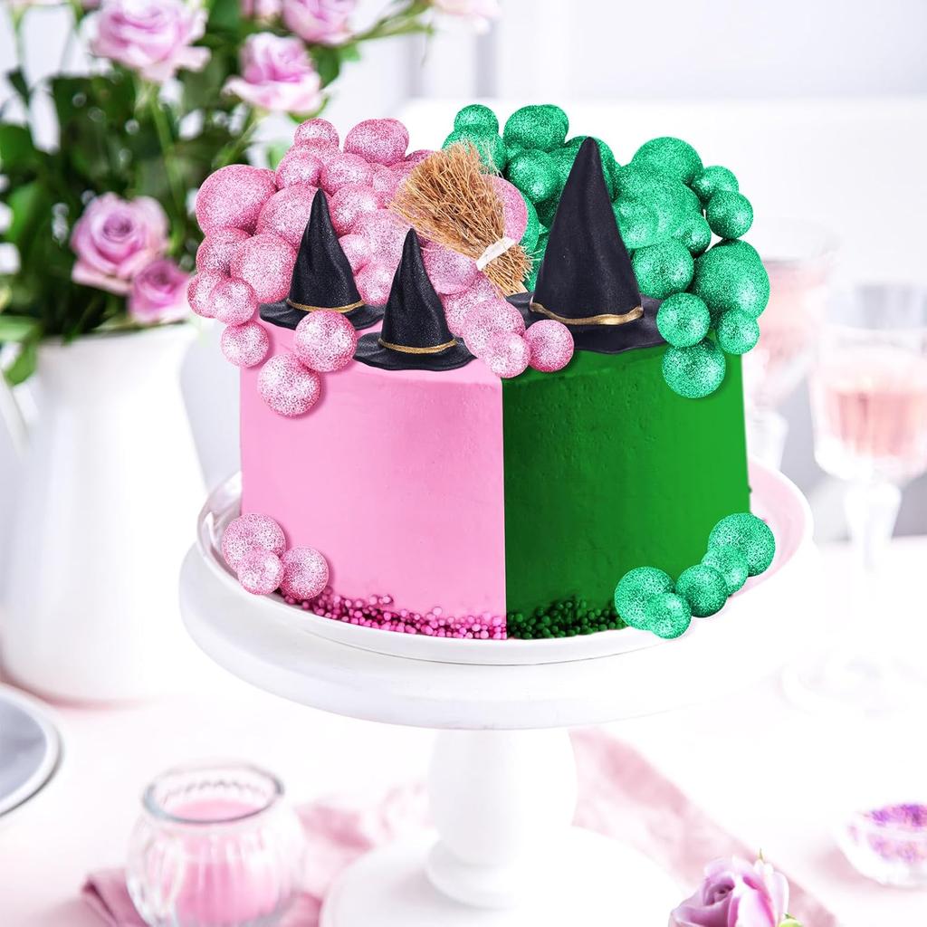 44pcs Witch Cake Toppers Set, Witch Hat & Broom Cupcake Decorations, Green Pink Balloons for Halloween Birthday Cake Decor