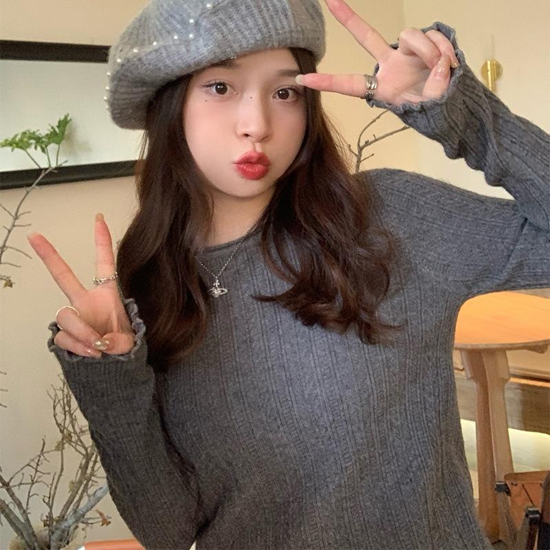 

Женское базовое пальто с черной кромкой из грибка, вязаный свитер, утягивающий свитер L серый