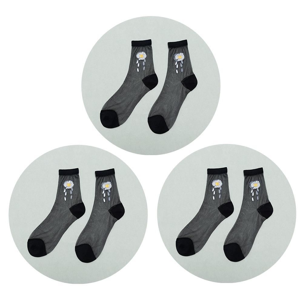3 Pairs Of Women's Flower Socks Summer Crystal Glass Stockings Medium Short Tube Thin Transparent Daisy  Jacquard Elastic  Socks