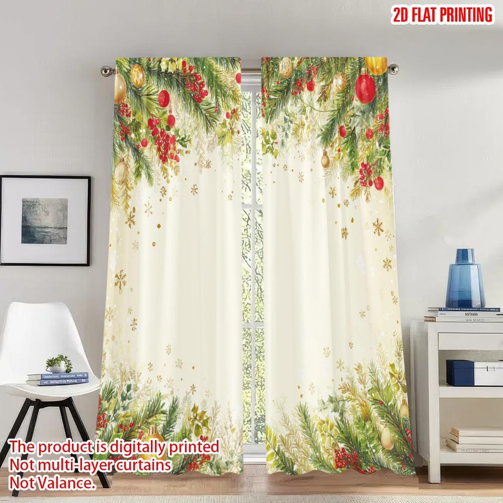 

Set Of 2 Flat Printing Merry Christmas Curtains Holly Berries Baubles Festive Digital Printed Polyester Drapes Holiday Curtain Made W100*H70(CM)-Rod Pocket&1PCS