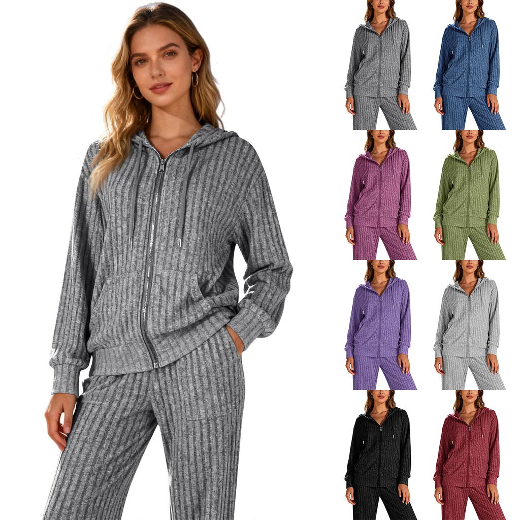 Trainingsanzüge Damen 2-teilig Kapuzenpullover mit Reißverschluss und Taschen & Hose mit elastischem Bund, Weiches, dehnbares Herbst-Winter-Outfit