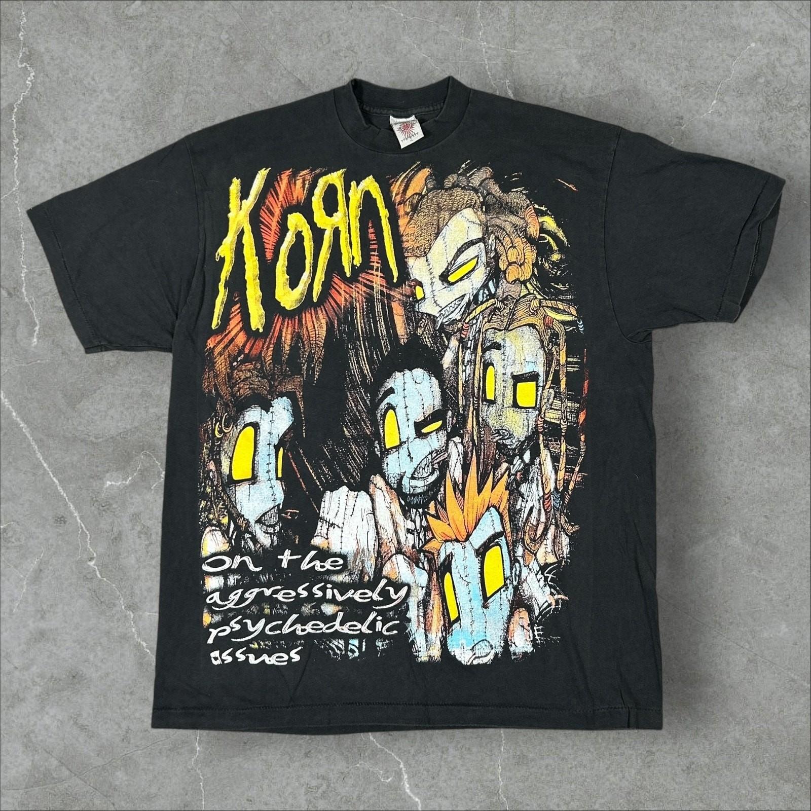 Vintage Korn Issues Follow The Leader AOP Size XL Single Stitch Reprint T-Shirt S