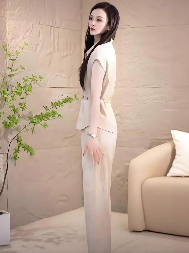 Chic Waist-Cinching Short-Sleeve Top & Wide-Leg Pants Set for Women - Elegant Summer Style
