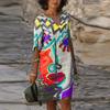 Women Summer V-neck Folk-custom Plus Size Print Loose Mid-sleeve Dress