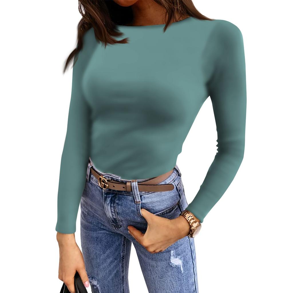 Women's And Spring Slim Bottom T-shirt Fashion Casual Color Round Neck Pullover Long Sleeve Top