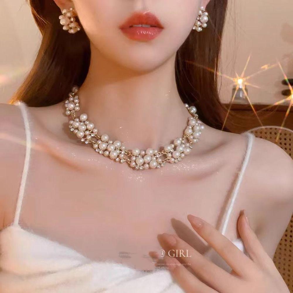 Two-Piece Light Luxury Choker Pearl Jewelry Sets Accessory Necklace Set  Banquet