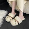 Fashion Winter Women's Fashion Outdoor Non-slip Fur Slippers Cute Style Bow Decoration Flat Bottom Comfortable Baotou Slippers Shoes