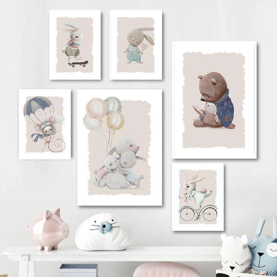 Lustiger Bär Hase Babybuch Ballon Kinderzimmer Poster Cartoon Wandkunst Druck Leinwandmalerei Baby Kinderzimmer Heimdekoration Bild