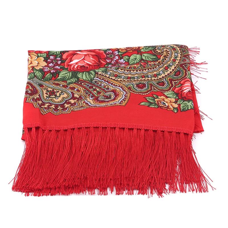 Women's Vintage Floral Print Shawl - Square Ethnic Scarf With Four-Sided Tassels For Travel & Dust Protection 