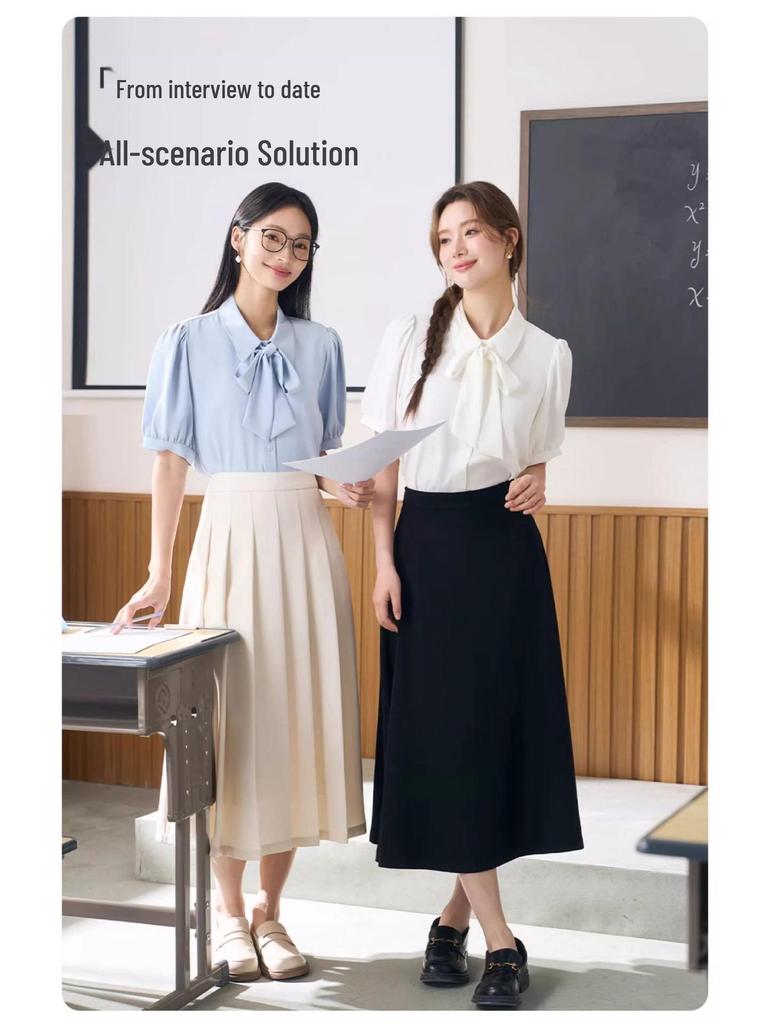 White Bow Short-Sleeve Women's Chiffon Top - Perfect for Professional Summer Wear and Interviews