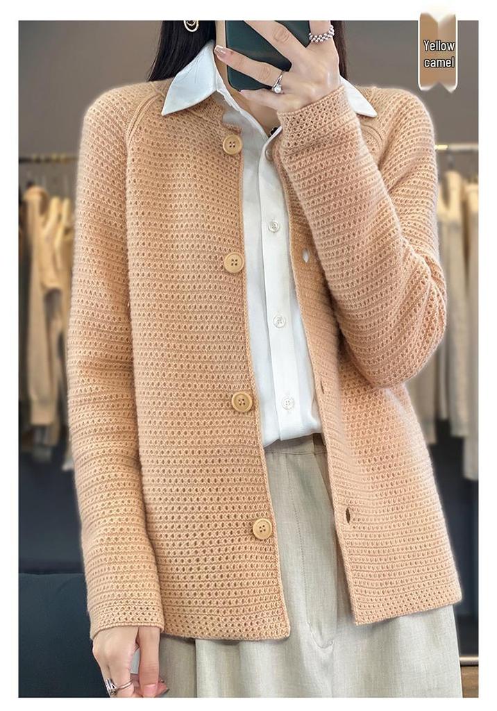 Women's Pure Wool Knit Cardigan Sweater: Loose, Round Neck, Hollow-Out Design