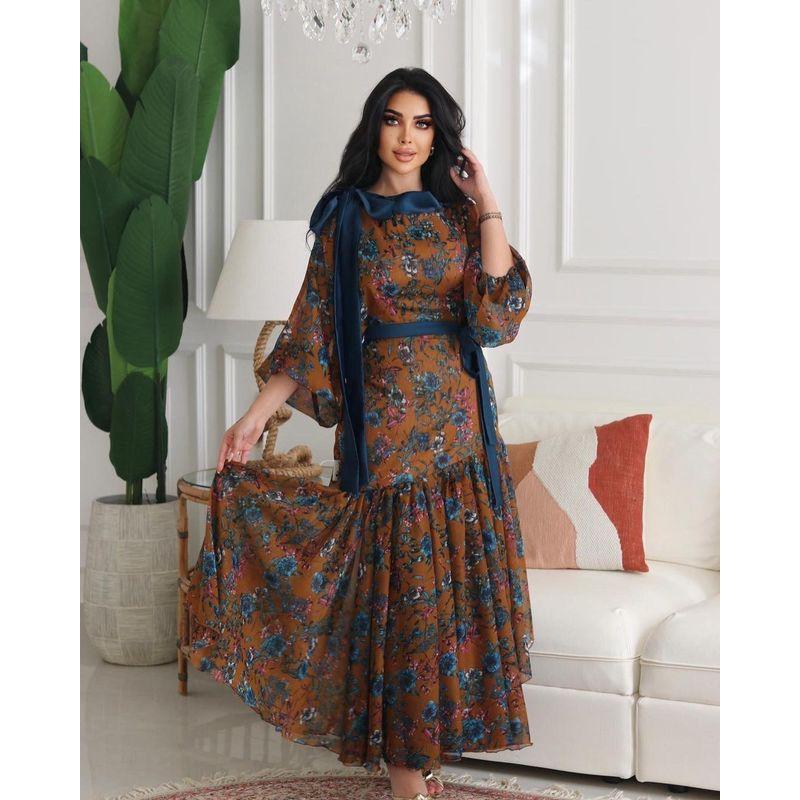 

Spring and Summer Women clothes Sexy Print Big Hemline Belt Dance Party Evening dress Women Dress Brown XXL