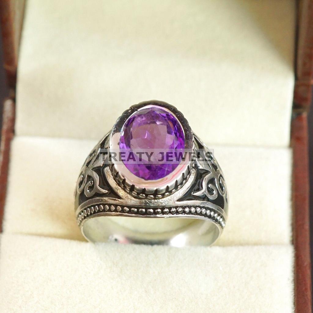 Amethyst Oval geschliffener Edelstein mit 925er Sterling Silber Ring für Herren #A686 JL375658868684