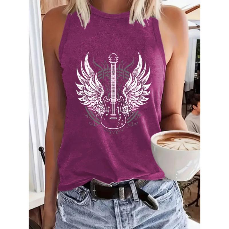 

Angel Guitar Printed Round-neck Pullover Spring and Summer Casual Sleeveless Top Vest S темно-красного