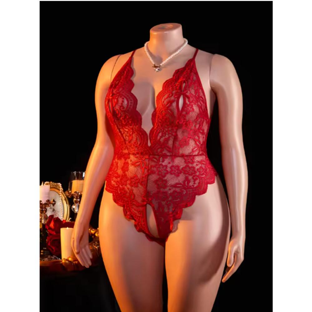 Sexy Crotchless Lingerie Women Lace Hollow Bodysuit Erotic Pajamas Teddy Babydoll Dress Deep V Open Bra Underwear Set Plus Size