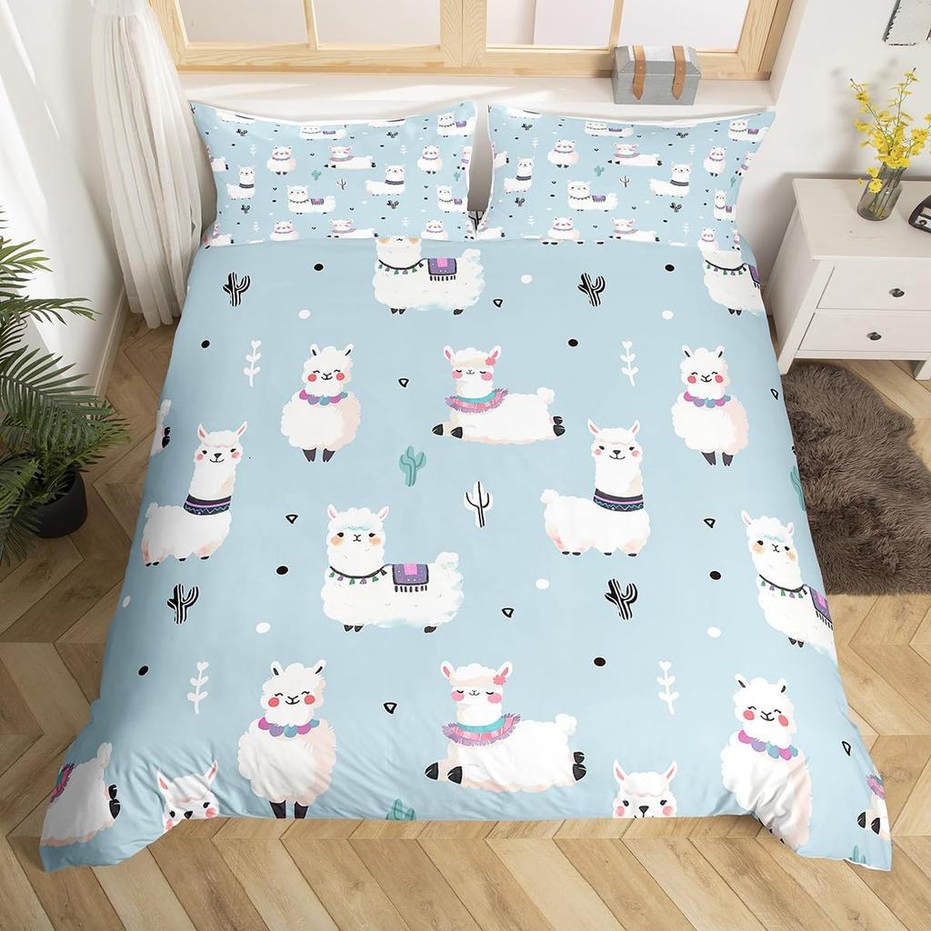 Alpacka Påslakan Queen King Size Tecknad Alpacka Sängkläder Set Lämpligt för Barn Tonårsflickor Sött Djurtryck Täckeöverdrag 3 Delar