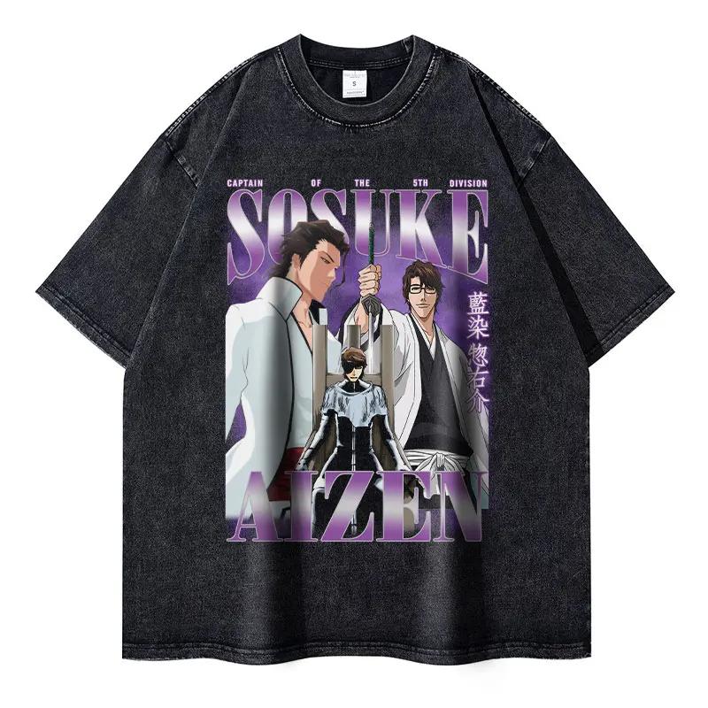Anime Bleach Vintage Washed Tshirt Kurosaki Ichigo T Shirts Oversized Short Sleeve Streetwear Retro Manga Ulquiorra Tops Tees