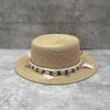 Ethnic Style Short Brim Flat Top Straw Hat Women'S Summer Travel Vacation Bohemian Flat Edge Visor Top Hat