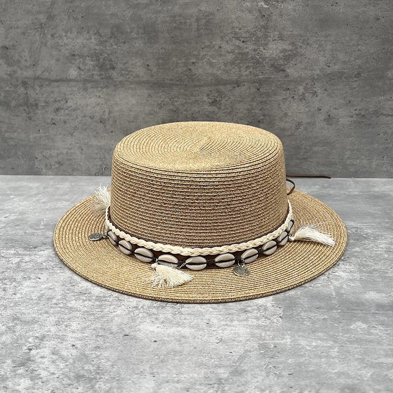 Ethnic Style Short Brim Flat Top Straw Hat Women'S Summer Travel Vacation Bohemian Flat Edge Visor Top Hat