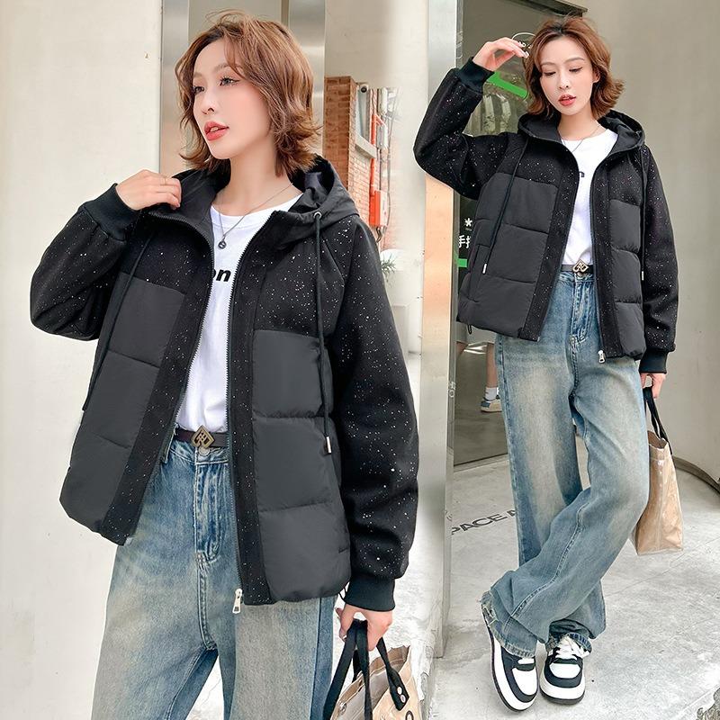 Sequins Chic Splicing Hooded Down Cotton Clothing Women's Jacket Autumn and Winter Fashion Exterior Design Cotton