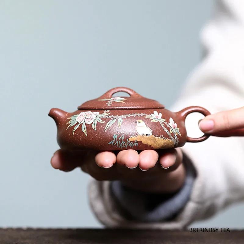 Chinese Yixing Purple Clay Teapot Tradition Household Tea Pot Handmade Flower Bird Beauty Kettle Raw Ore Zisha Tea Set 130ml