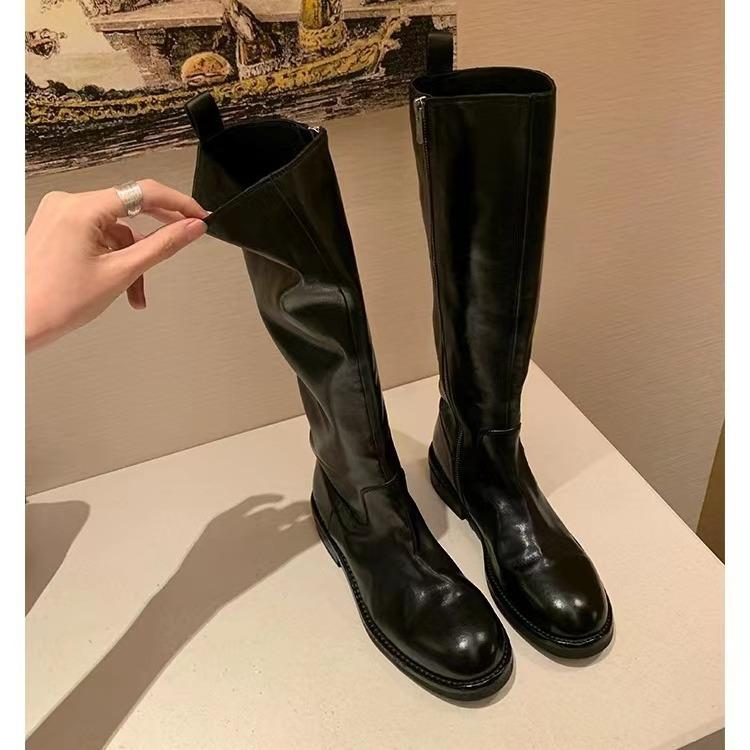Grape mother same style, twilight Paris~ horse leather round head thick heel side zipper thick-soled knight boots high boots