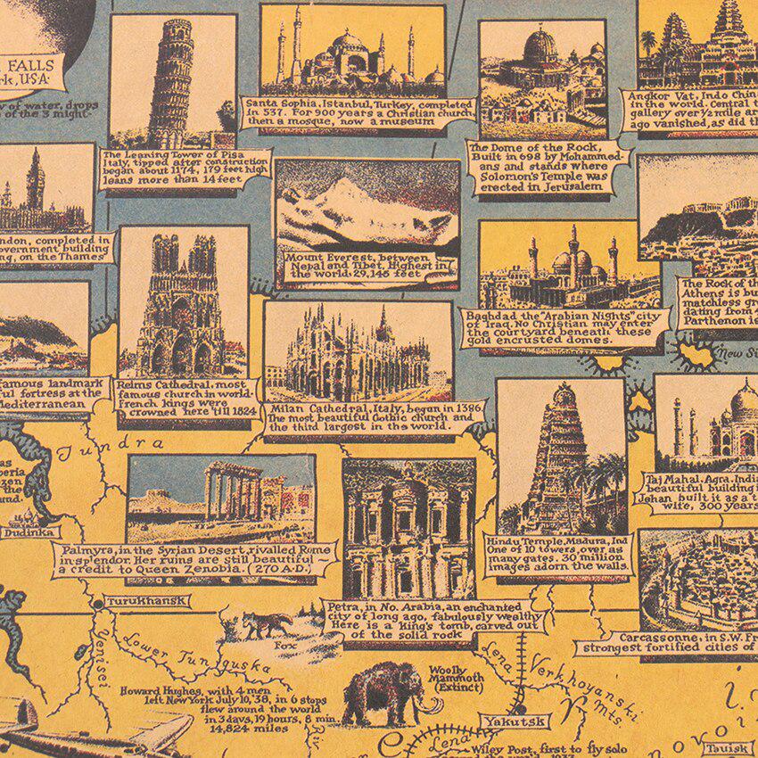 Blue Vintage Kraft Paper Poster World Map Great Building Wall Sticker Art Poster