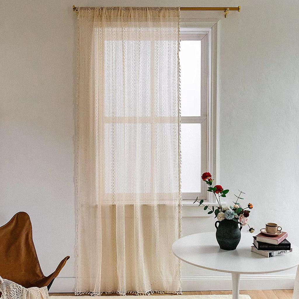 Boho Sheer Curtains for Bedroom, Crochet Knitting Cotton Macrame Lace with Handmade Tassels, Vintage Semi Hollow Striped,1 Panel