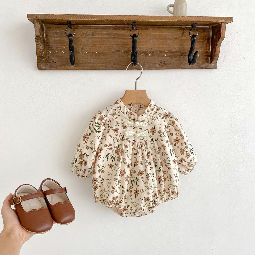 Autumn Baby Girl Stand Collar Long Sleeve Romper Infant Printed Bodysuit Crawling Clothes
