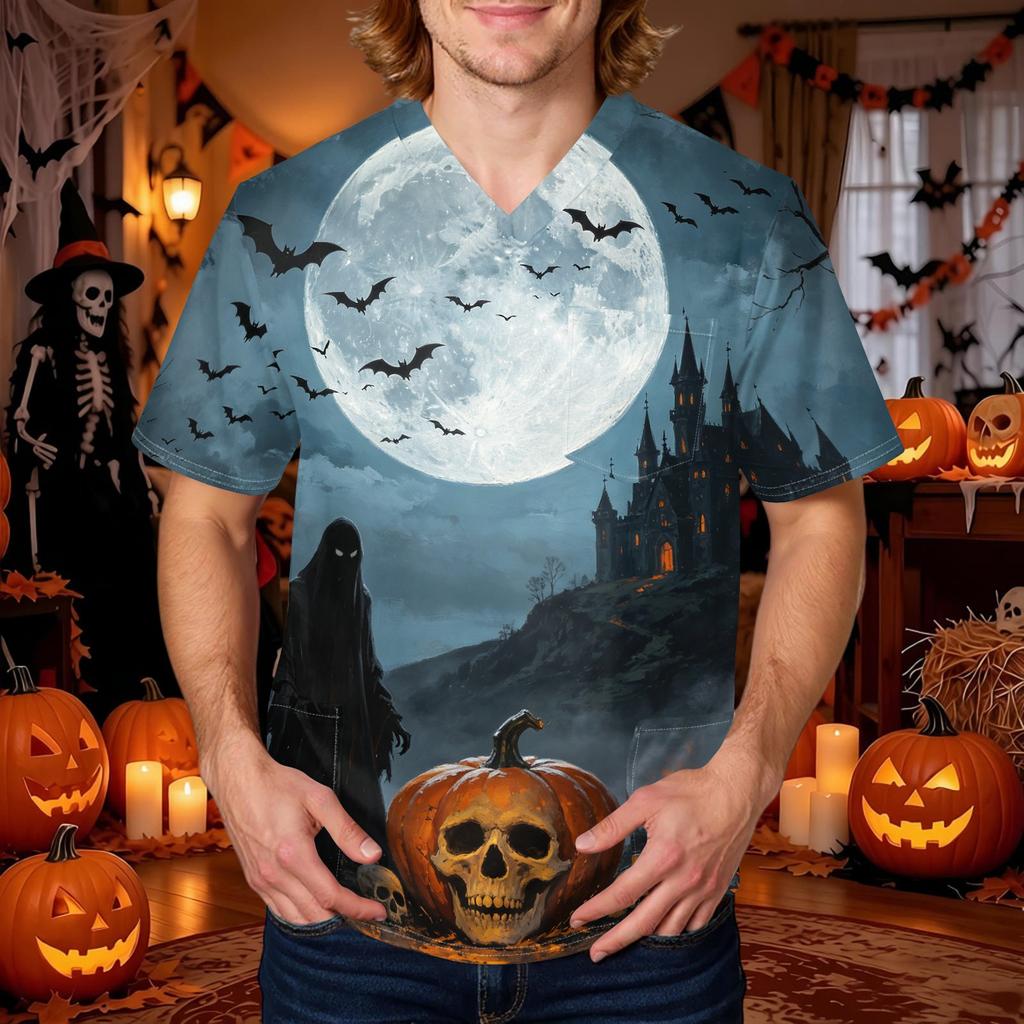 Herren Halloween Print V-Ausschnitt Kasack mit Tasche Kurzarm Uniformhemd