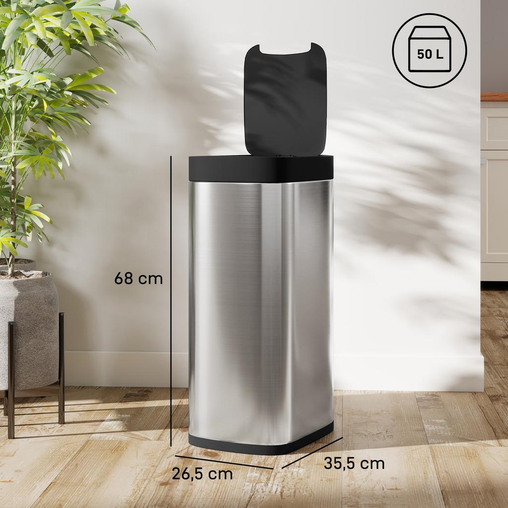 Automatic Kitchen Bin, 50 L, Motion Sensor, Battery, 26.5 x 35.5 x 68 cm, Silver