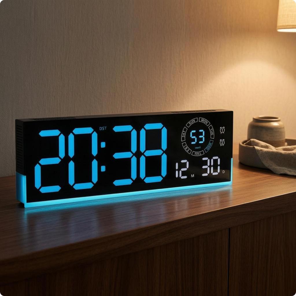 LED Wall Clock Oversized Numerals Digital Weekday Indicator Time Display Blue