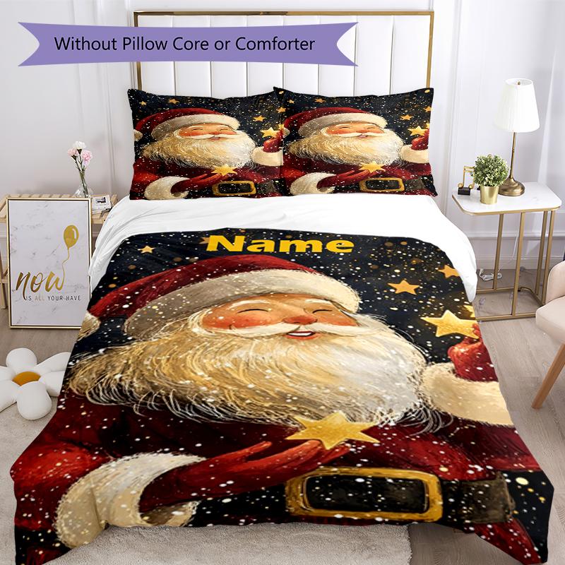3pcs Custom Name Christmas Santa Claus Bedding Set Duvet Cover Closure Includes 1 Duvet Cover & 2 Pillowcases, Soft and Comfortable for All Seasons.