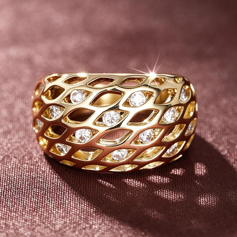 Huitan Hollow Mesh Cubic Zirconia Rings for Women Gold Color Wedding Band Accessories Statement Rings Daily Party Trendy Jewelry