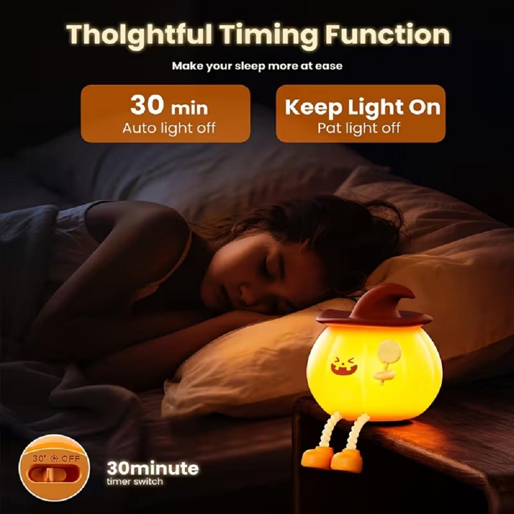 Pumpkin Night Lights Cute Soft Silicone Safe Lamp Timing Dimmable Bedside Decor Nightlight Cartoon Kids Halloween Birthday Gifts