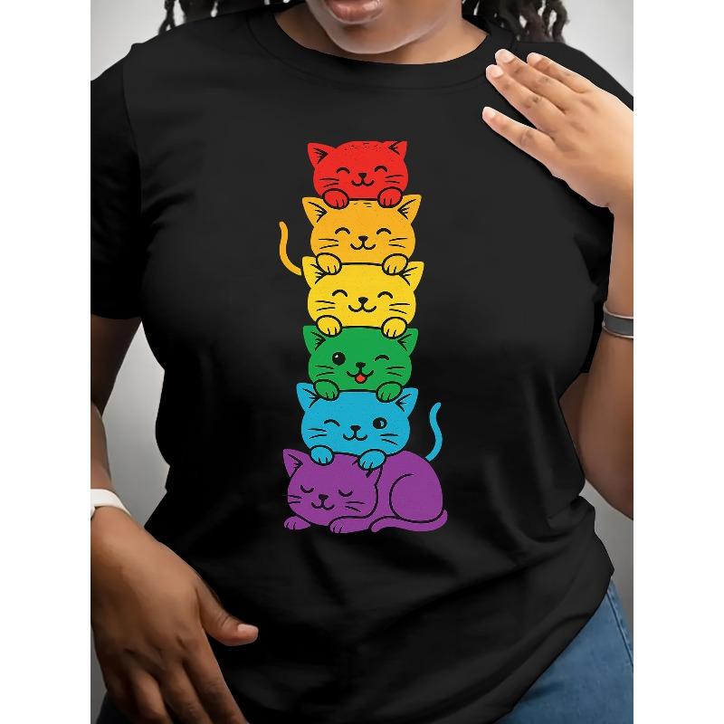 [Rainbow Cat Women's Shirts] Rainbow-Colored Cat Pattern Women's Short-Sleeved Shirts | Summer Casual T-Shirts - Women's Clothing