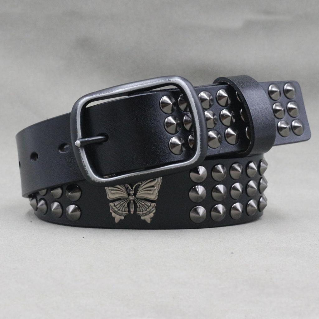 Riveted Unisex Belt: Punk & Hip Hop Style Butterfly Cowhide Leather, European-American Fashion