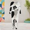 Women Plus Size Round Neck Long Sleeve Printed Two Piece Set Black White Cuffed Top Cuffed Pants With Pockets