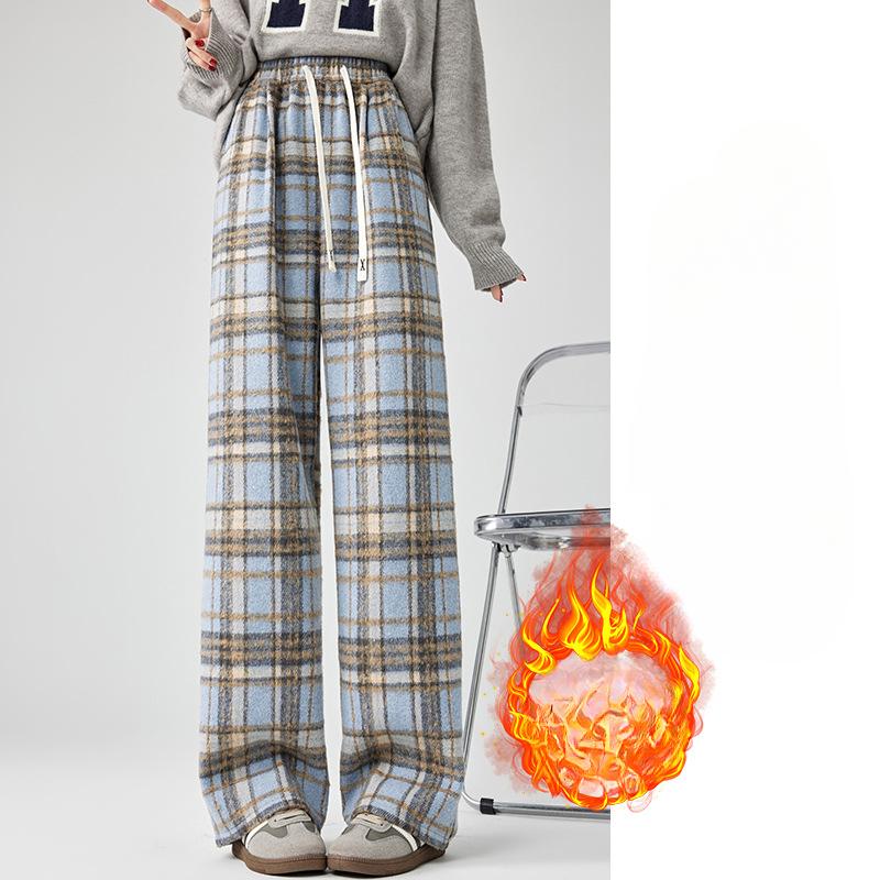 Plaid Pants for Women's Spring and Autumn New High-waist Draped Straight-leg Casual Small Retro Wool Wide-leg Pants
