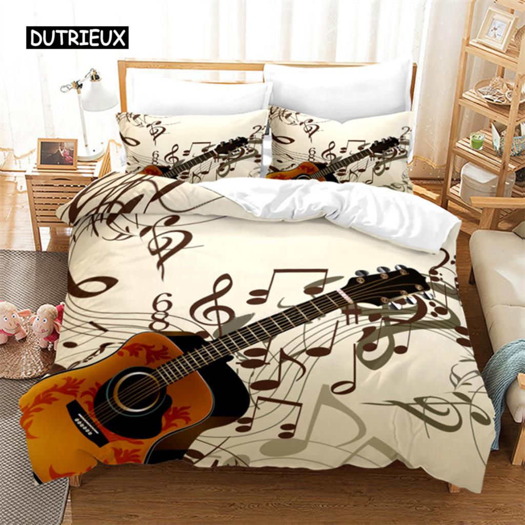 Guitar Queen Duvet Cover Rock Music Theme Bedding Set Grunge Color Splashed Brick Wall Background Electronic Guitar Mics Design